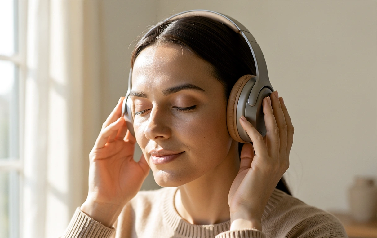 Persona practicando el descanso auditivo en un entorno tranquilo